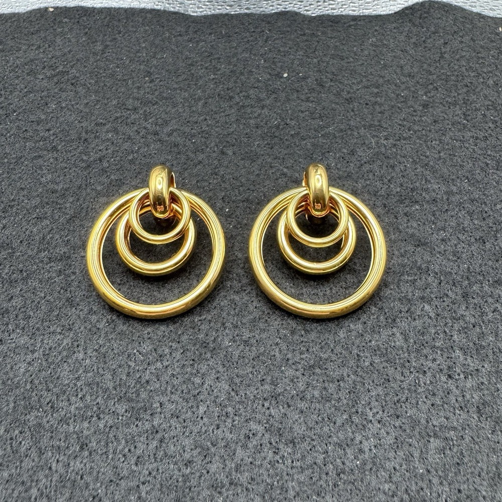 Gold Tone Triple Hoop Dangle Earrings Polished Layered Circle Statement NWOT
